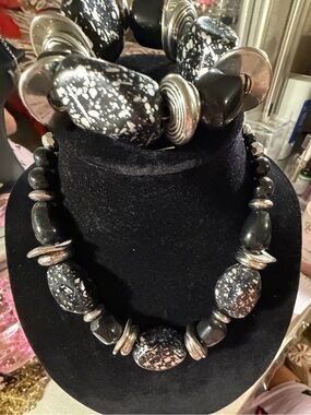Black Speckled Statement Necklace with Silver Accents